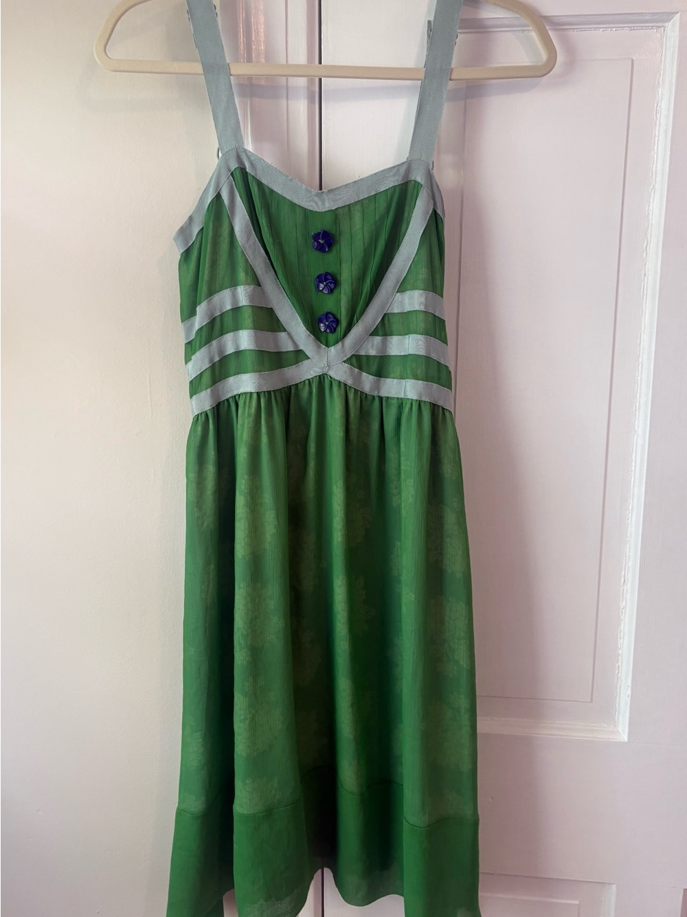 Matilda Jane Green Dress with Light Gray Trim and Blue Buttons